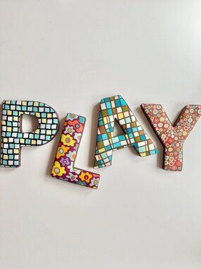 Handmade PLAY Floral Print Cotton Wood Block Letter Wall Hanging Decor